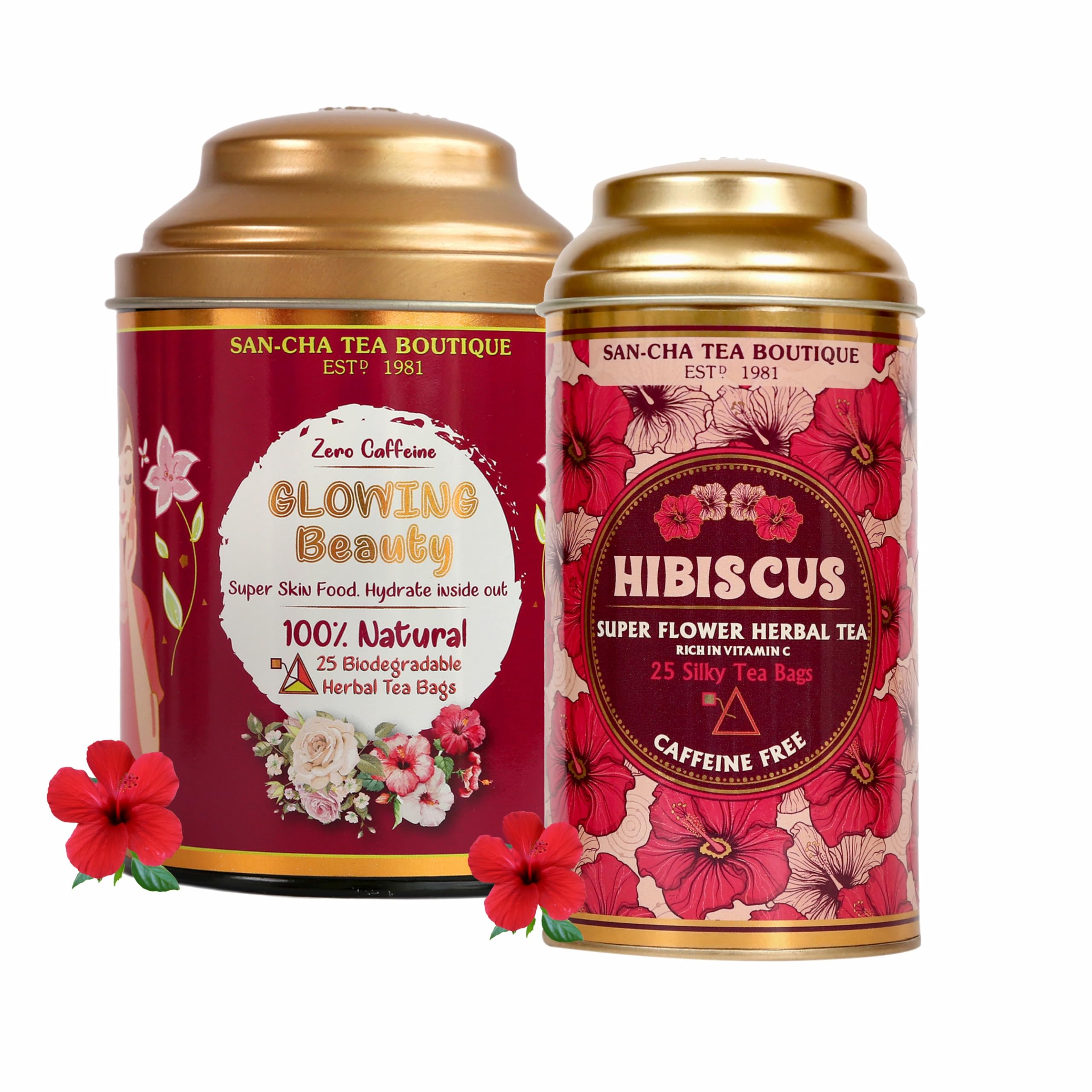 Sancha Tea Boutique, Glowing Beauty & Hibiscus Tea (25 Pyramid Bags x 2), Caffeine Free Herbal Tisanes, Supports Skin Glow & Lower BP