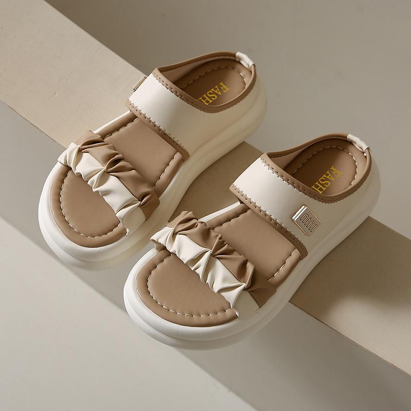 Soft leather one-word pleated sandals women's summer 2025 new Velcro platform beach sandals women's summer