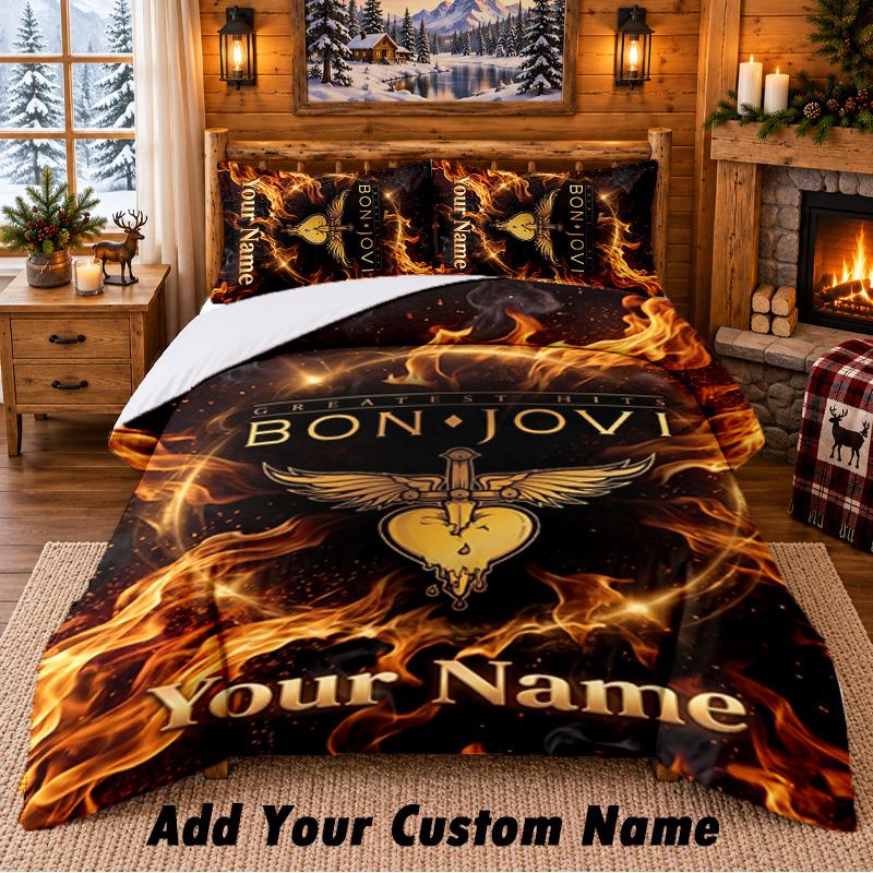 Bon Jovi Pattern Bedding 3Pcs Set Custom Name, Bed Sheet And Pillowcases For Home Bedroom
