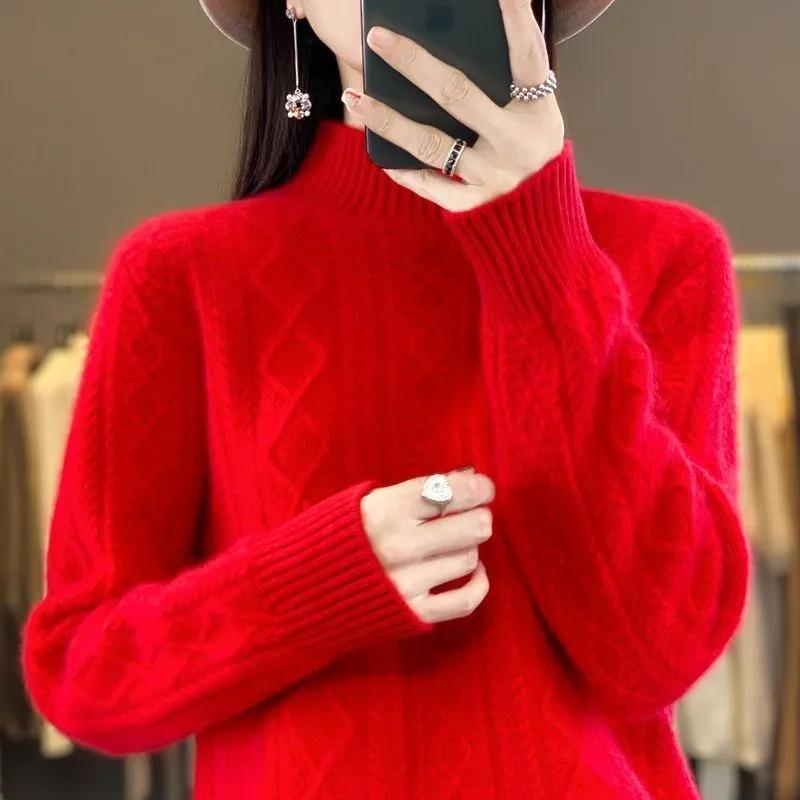 Kadın Kazak Sonbahar Kış Kazak Kalın Merino Yünlü Balıkçı Yaka Rahat Kaşmir Örgü Kazak Kore Moda Üstleri