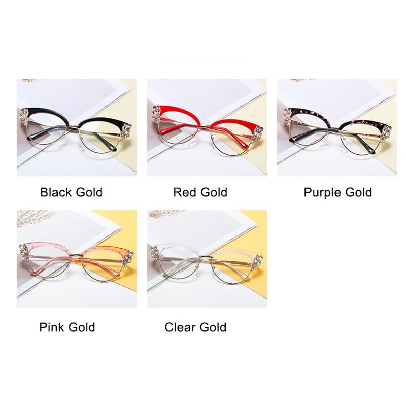 Sexy Ladies Cat Eye Myopia Eyeglasses Clear Lenses Anti- Blue Lightweight Red Frames Eyeglasses Vintage Diamond Rhinestone Glasses Minus -1.75