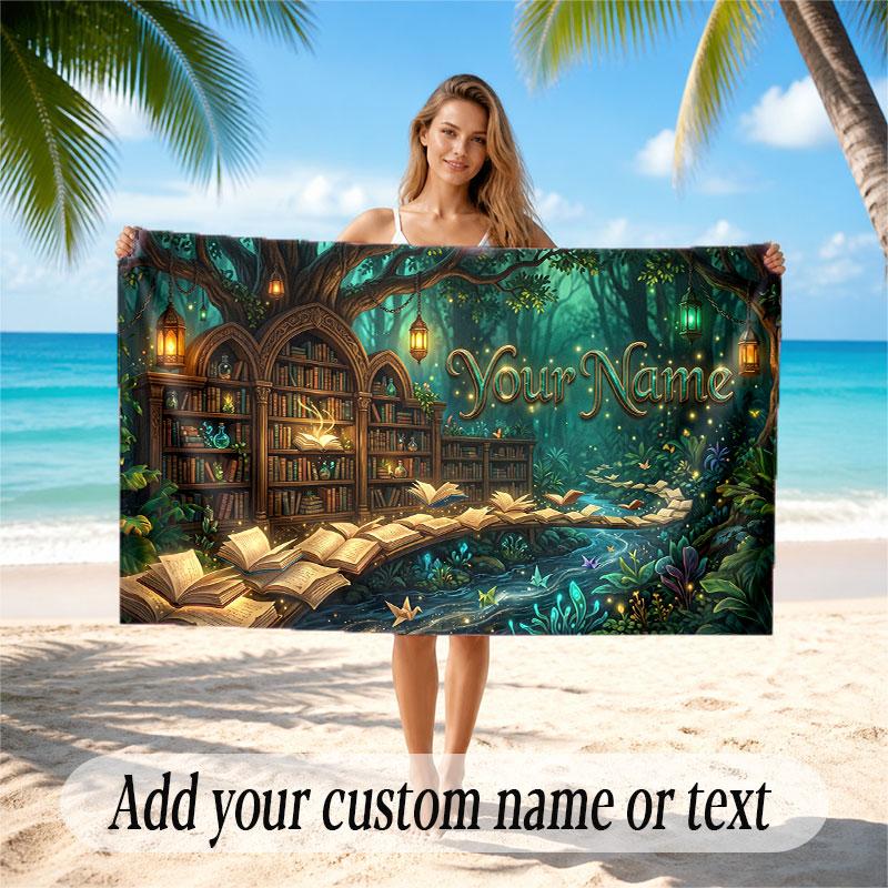 Nature Library Travel Theme Soft Beach Towel Personalized Custom Name Text Towel Portable for Beach Pool Travel