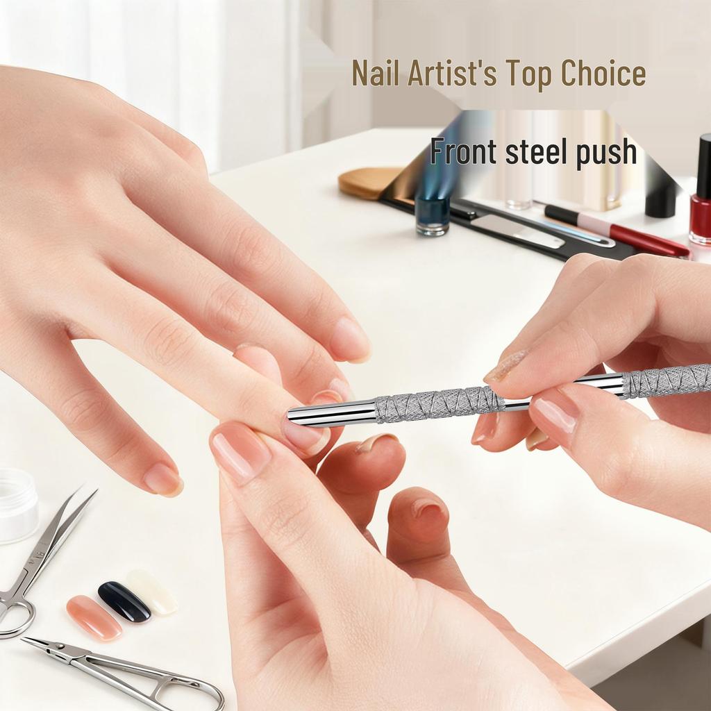 Russian Style Slanted Head Nail Art Tool: Double-Headed Steel Pusher & Gel Remover Stick.