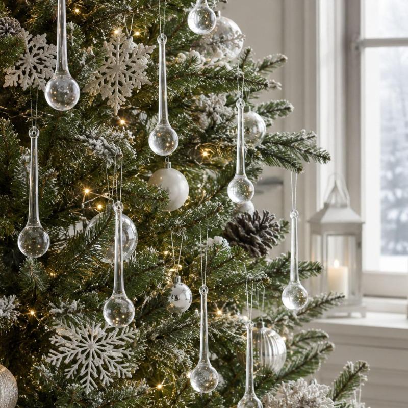 Boules en Acrylique Transparentes Goutte d'Eau Tige Longue Boule Ronde Goutte Ornements Suspendus Décorations Sapin de Noël Décor Suspendu Fenêtre