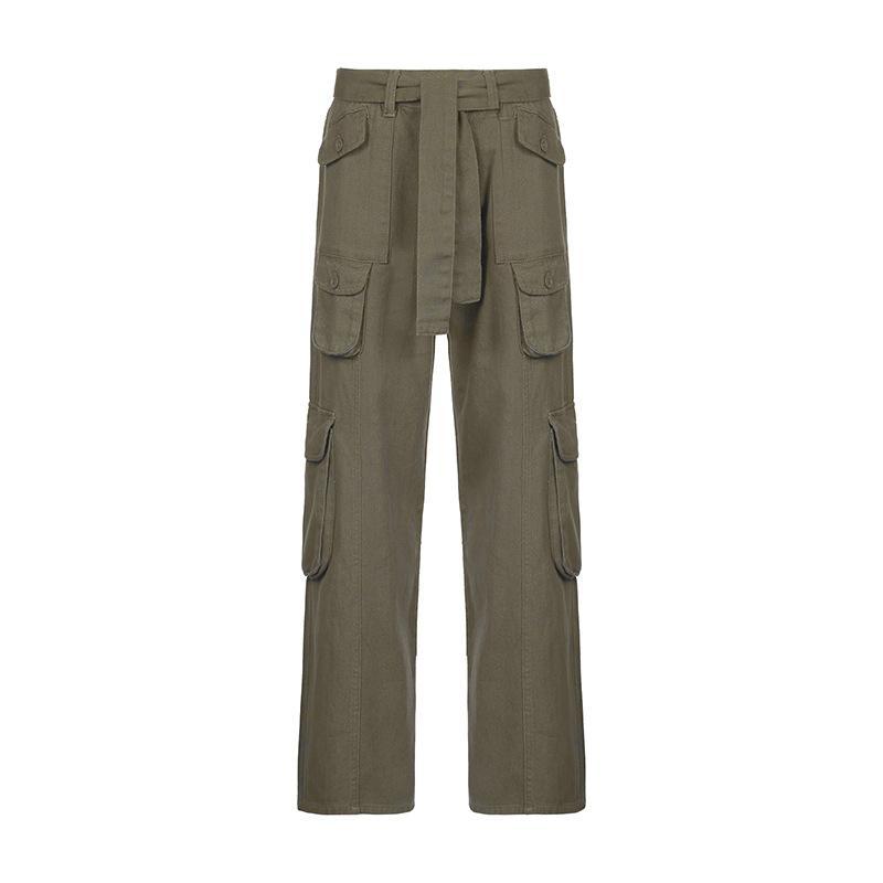 

2023 винтажные брюки-карго с карманами и шнурком, уличная одежда с высокой талией, брюки Харадзюку, женские модные широкие брюки S серый