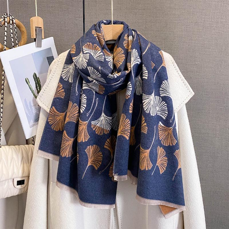 Autumn and winter new retro ginkgo biloba jacquard scarf women's imitation cashmere thickened warm scarf fashionable outer shawl