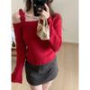 Retro Off Shoulder Pullovers Sweater for Women Autumn Long Sleeve Knitted Sweaters Women Tops Elegant Chic Flower Sling Vintage Winter Knitwear 26052
