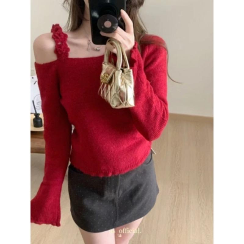 Retro Off Shoulder Pullovers Sweater for Women Autumn Long Sleeve Knitted Sweaters Women Tops Elegant Chic Flower Sling Vintage Winter Knitwear 26052