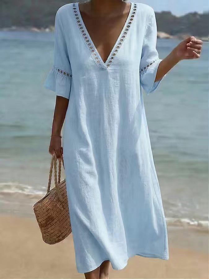 Boho vyšívaný V-výstřih Lněný plážový kaftan Bavlněné šaty pro ženy