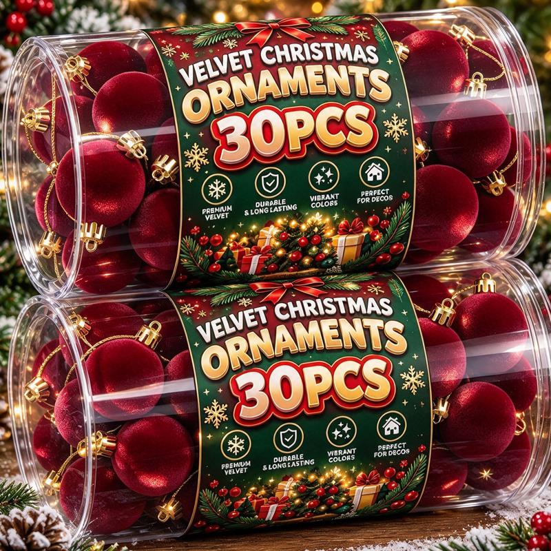 Christmas Red Velvet Flocked Balls Ornaments Hanging Ball Pendents Festive Decor for Xmas Tree Holiday Party Decoration Supplies