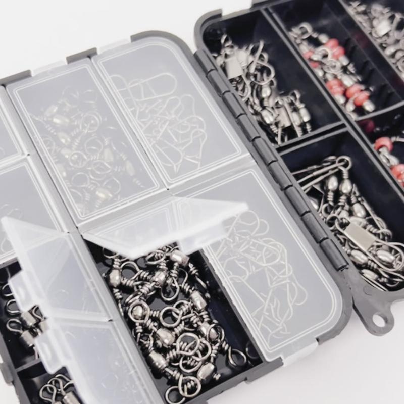 140Pcs/Set Fishing Swivels Snaps Set with Beads and Storage Box Barrels Swivels 3 Way Barrels Rolling Swivels Fishing Tackle