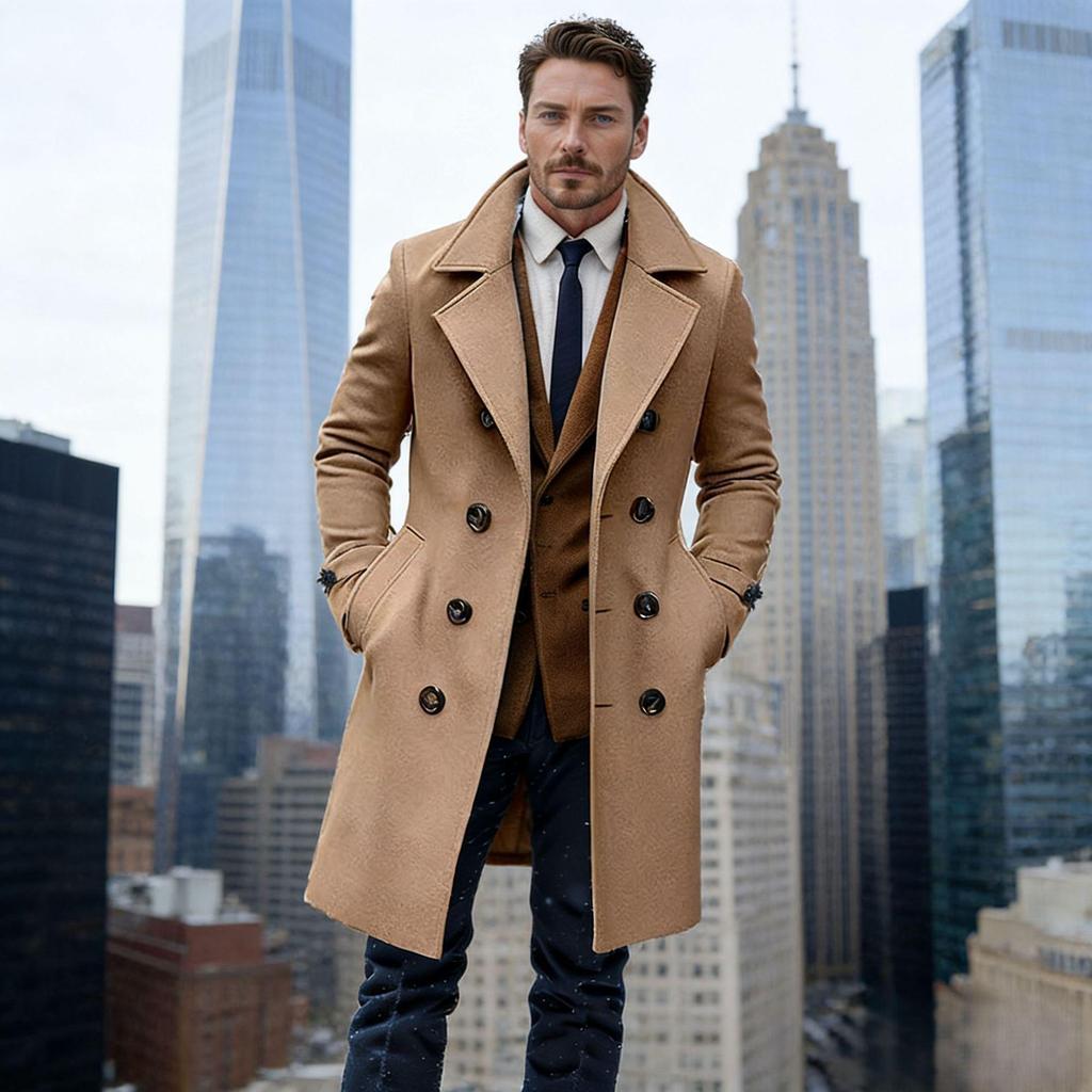 Herren Europäischer Zweireihiger Wollmantel - Langer Stil für Herbst/Winter