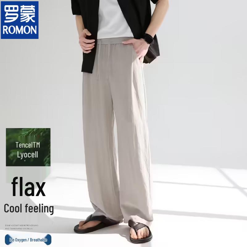 Romon Men s Tencel Linen Blend Elastic Waist Straight Leg Pants M