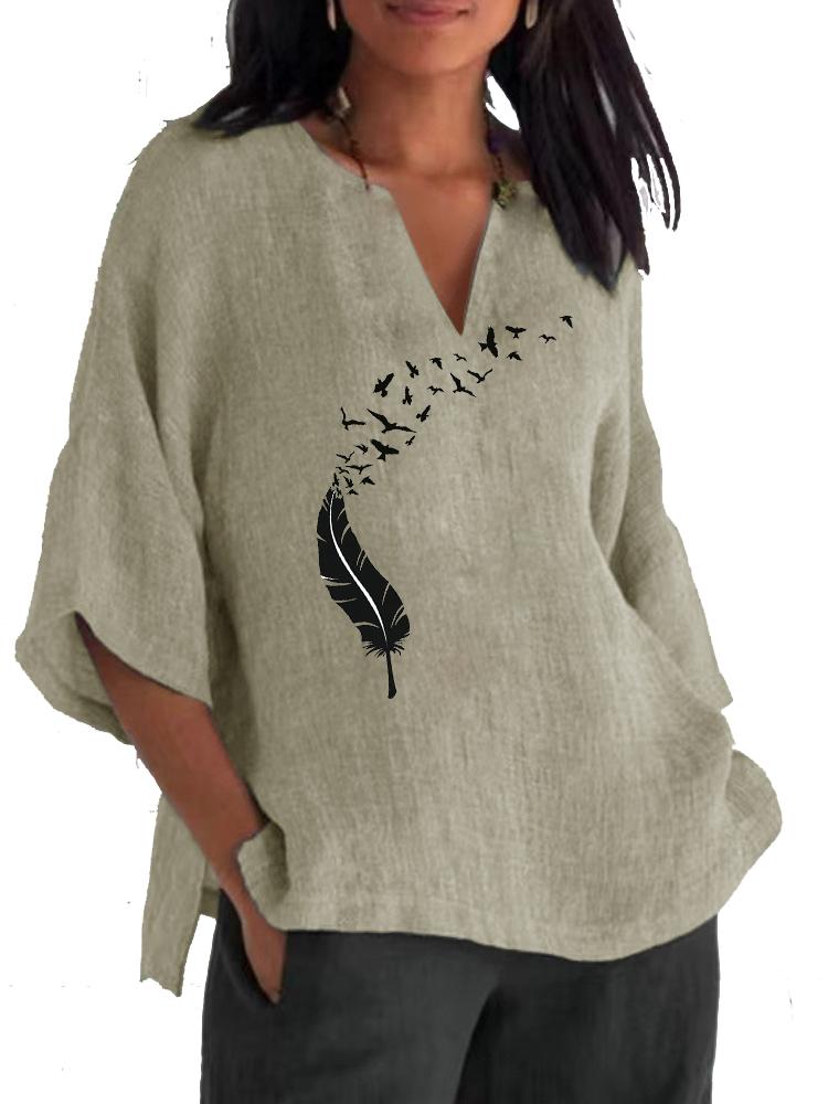 

Женская рубашка с длинным рукавом размера 3/4, модный хлопковый льняной топ с V-образным воротником, женские повседневные свободные блузки с принтом 3XL хаки