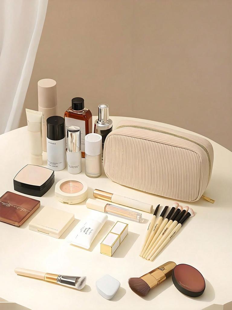 1 corduroy makeup bag, minimalist women's zipper travel bag, lip gloss organizer, brush storage bag, large-capacity small bag