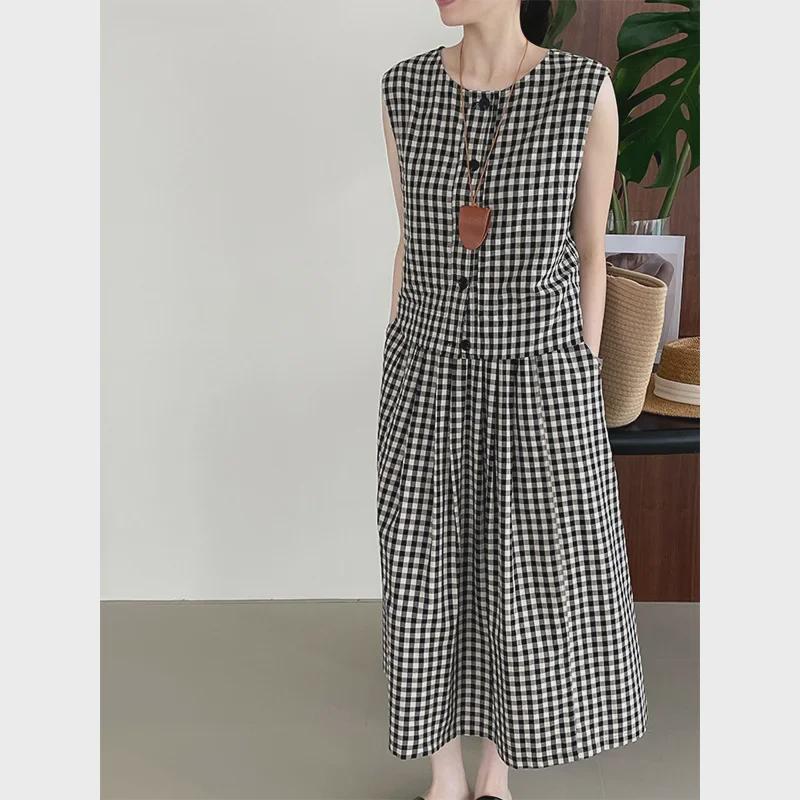 Taochuan Japonská Retro Kostkovaná Vesta Bez Rukávů a Elastická Sukně s Vysokým Pasem Set pro Ženy