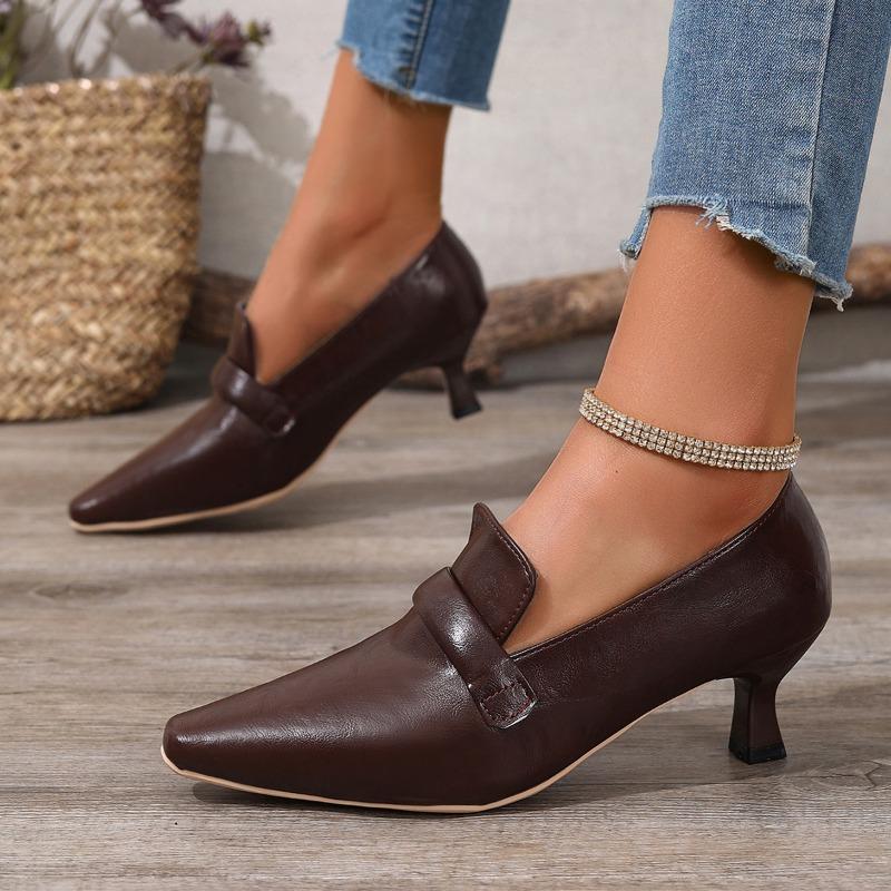 Fashion French Retro Temperament Low-heeled Shoes Women's Spring New  Pointed High Heels Small Leather Shoes Large Size 43