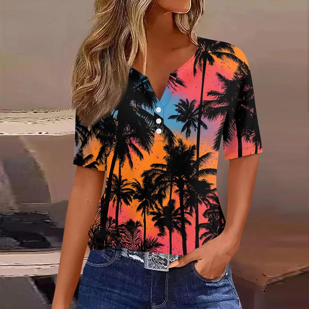 Women's fashionable casual Hawaiian print V-neck short-sleeved button-down T-shirt top