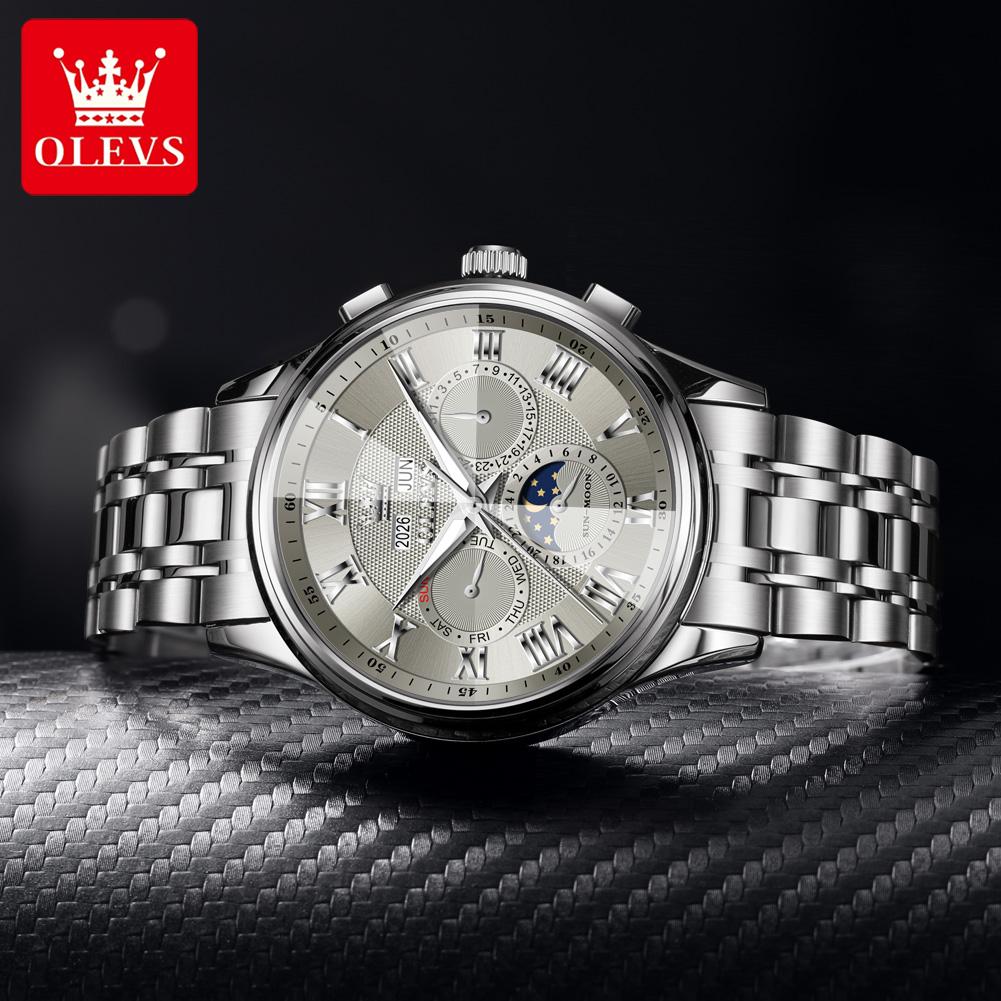 OLEVS 7113 Moon Phase Automatic Mechanical Men's Watches Fashion Rhombus Mirror Perpetual Calendar Luxury Business Man Watch New