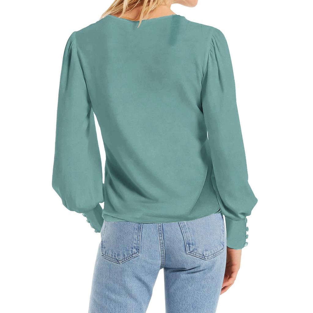 Damen Langarm T-Shirts Rundhals Puffärmel Chiffon Pullover Shirts Einfarbig Bluse Tops