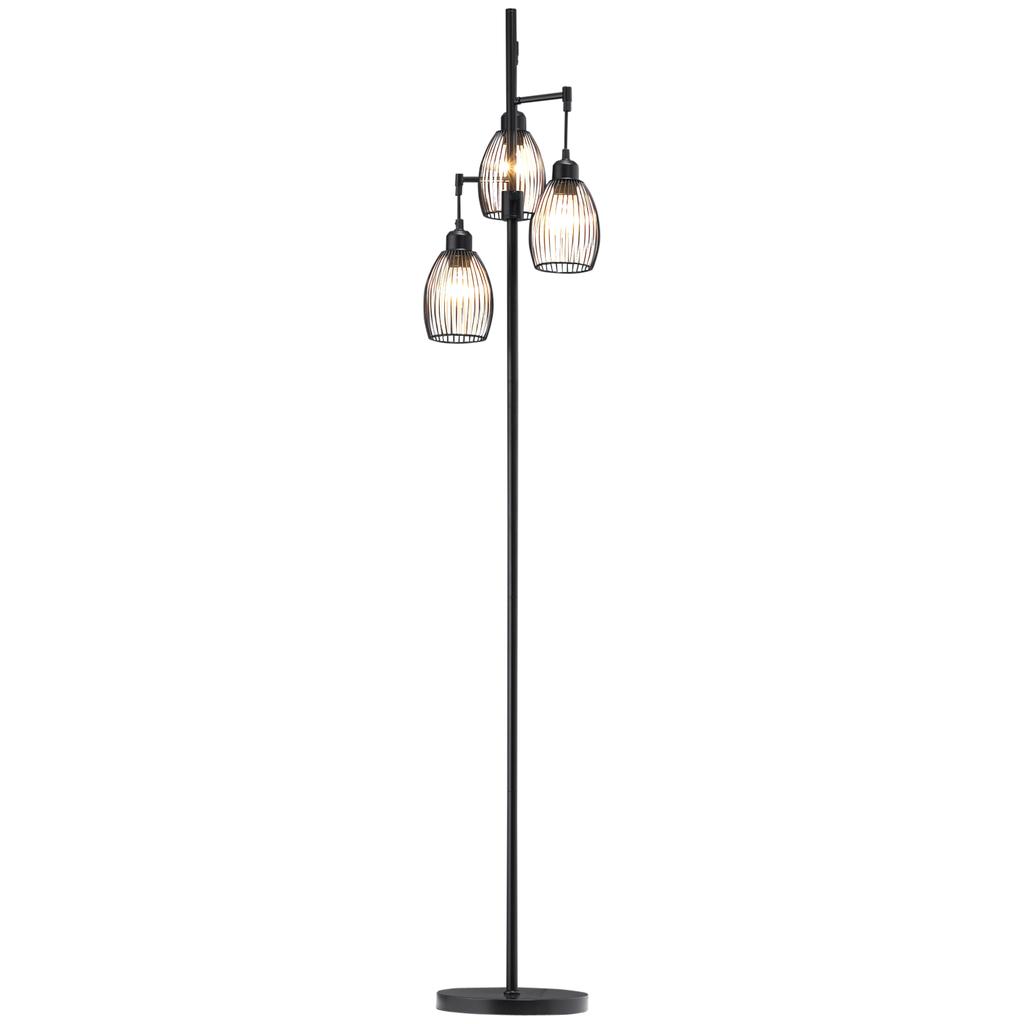 3-Light Floor Lamp, 170cm Industrial Dimmable Standing Lamp with Steel Wire Cage Lampshades for Living Room, Bedroom, Dining Room, Study