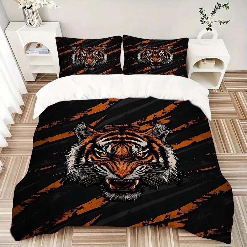 3pcs Orange Stripes Tiger Quilt Set Cartoon Themed Bed Quilt Set Lovely Character Bedroom Decor Bed Quilt Set Four Seasons (1 Cover + 2Pillowcase