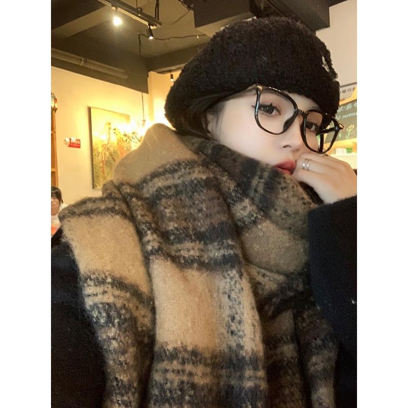 Korean Version of Mohair Plush Scarf for Women Winter High End New Versatile Plaid Scarf Student Shawl Outer Wear
