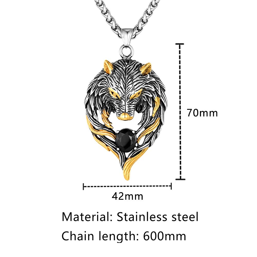 Punk Norse Odins Wolf Necklace Gold Stainless Steel Black Gem Viking Fenrir Pendant Retro Amulet Jewelry for Men