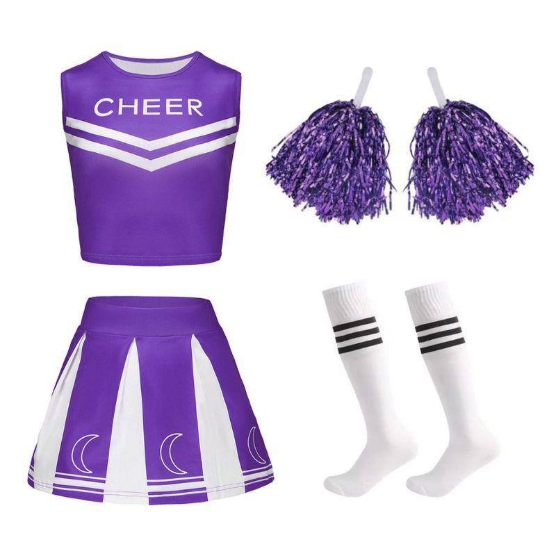 4-12 Years Kids Girls Cheerleader Costume Set Sleeveless Top Skirt Pompoms and Socks