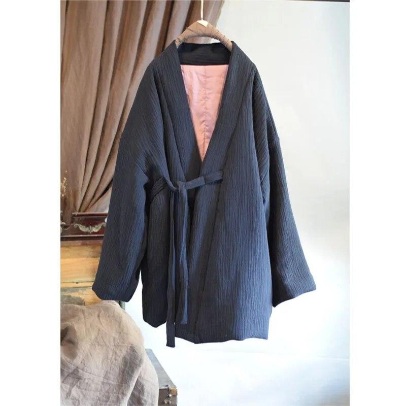 Johnature Kış Kadın Keten Çin Tarzı Pamuklu Giyim Uzun Kollu Düz Renk Pamuklu Giyim