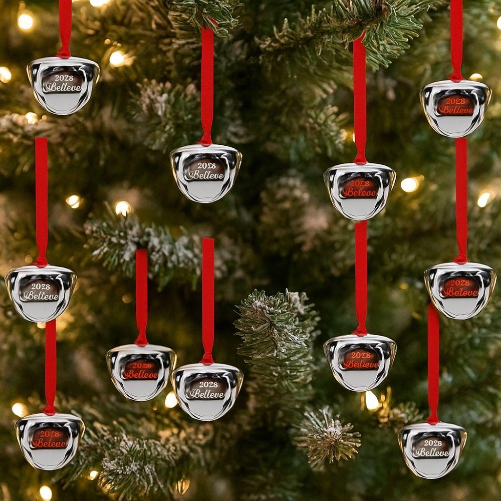 5pcs Red Ribbon Christmas Tree Bells Metal Letter Xmas Tree Ornament Home Garden Decor