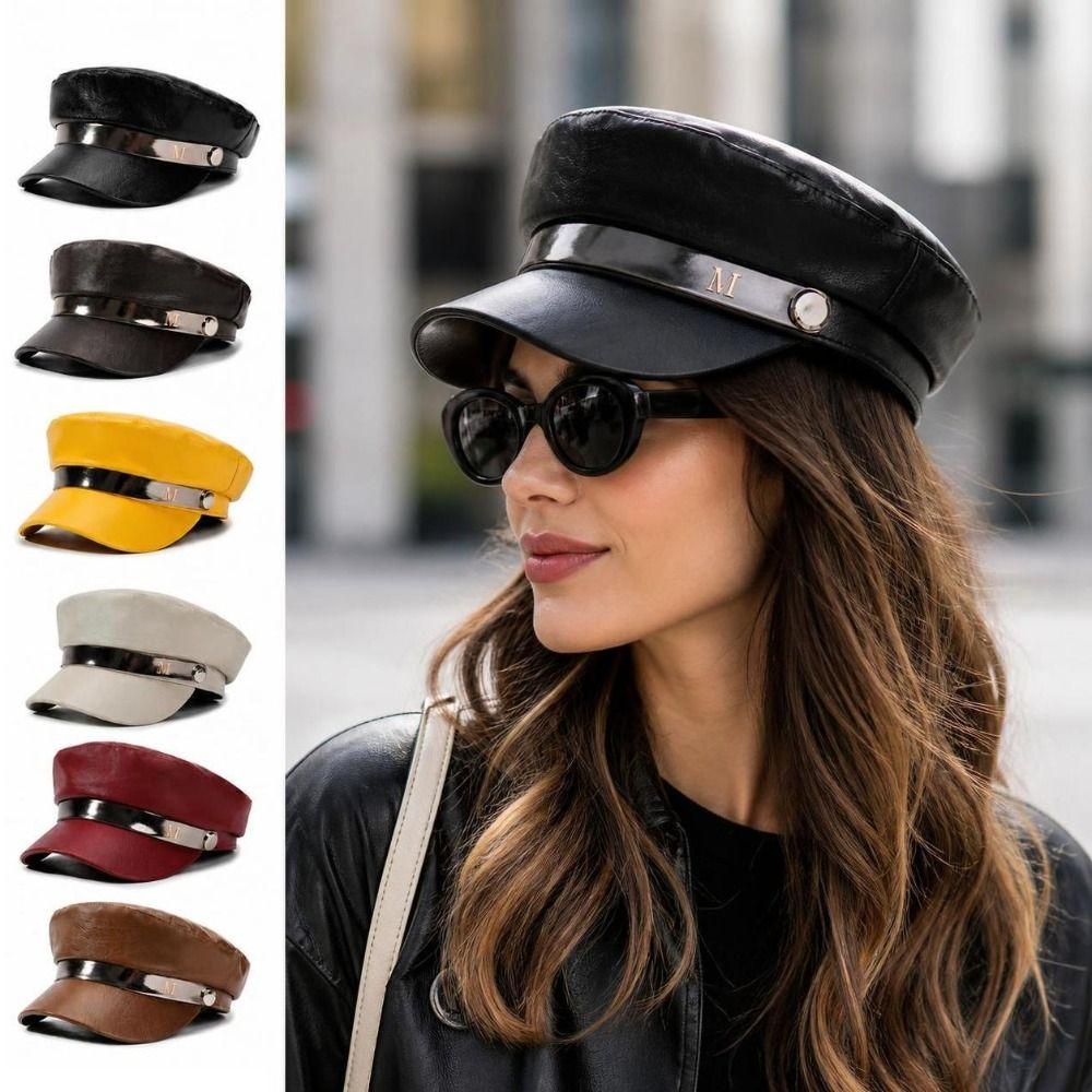 Adjustable Strap PU Leather Beret Hat PU Leather Flat Top Beret Hat  For Women Ladies