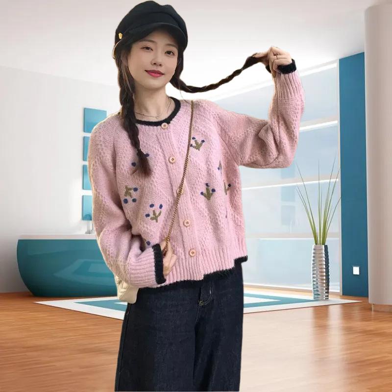 

Вязаный кардиган-свитер с ретро контрастными цветами, ручной работы, женский, новый, свободного кроя, с мягким ворсом, на осень и зиму average size