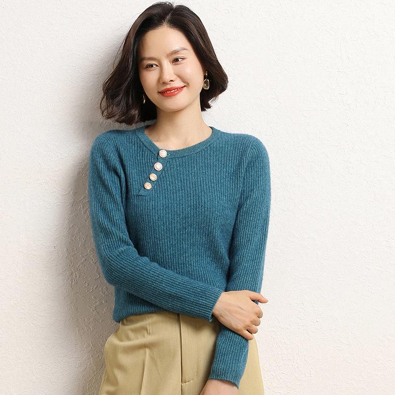 Women's Slim Fit Cashmere Sweater - Round Neck Ribbed with Diagonal Buttons, Elegant Knitwear for Autumn and Winter