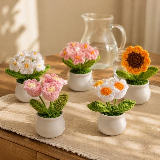 Gehäkelte Blume Dekoration Handgemachte Topfdekoration, Gestrickte Künstliche Sonnenblume Schreibtisch Dekorative Garn Dekoration, Geschenk für Frauen, Mama, Lehrer, Freundin,