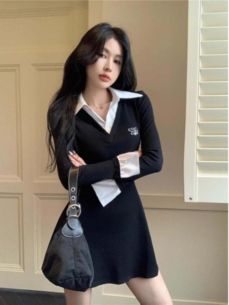 Korean Fashion Faux Two-Piece Shirt Dress – Chic Autumn/Winter Style with Unique Design and Short Skirt for Women