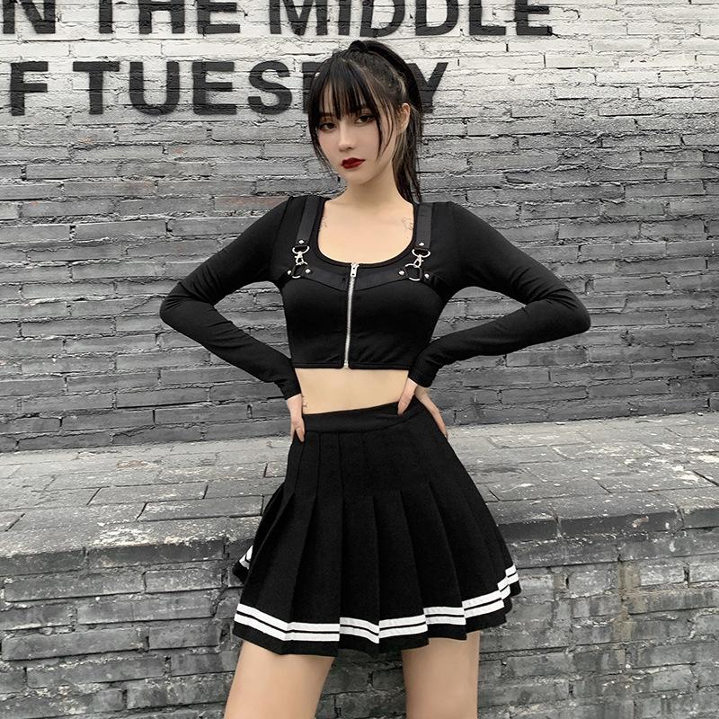 Vintage Kore Tarzı Patchwork Etek Harajuku JK Siyah Pileli Etekler Gotik Streetweet Yüksek Bel Mini Etek Kadın Punk Etek