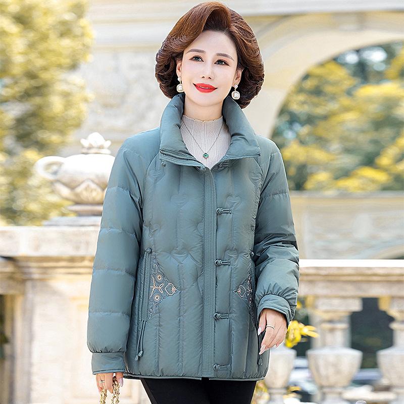 Down jacket female middle-aged and elderly mother winter clothing embroidery foreign gas thickened warm grandma white duck down stand-up collar jacket