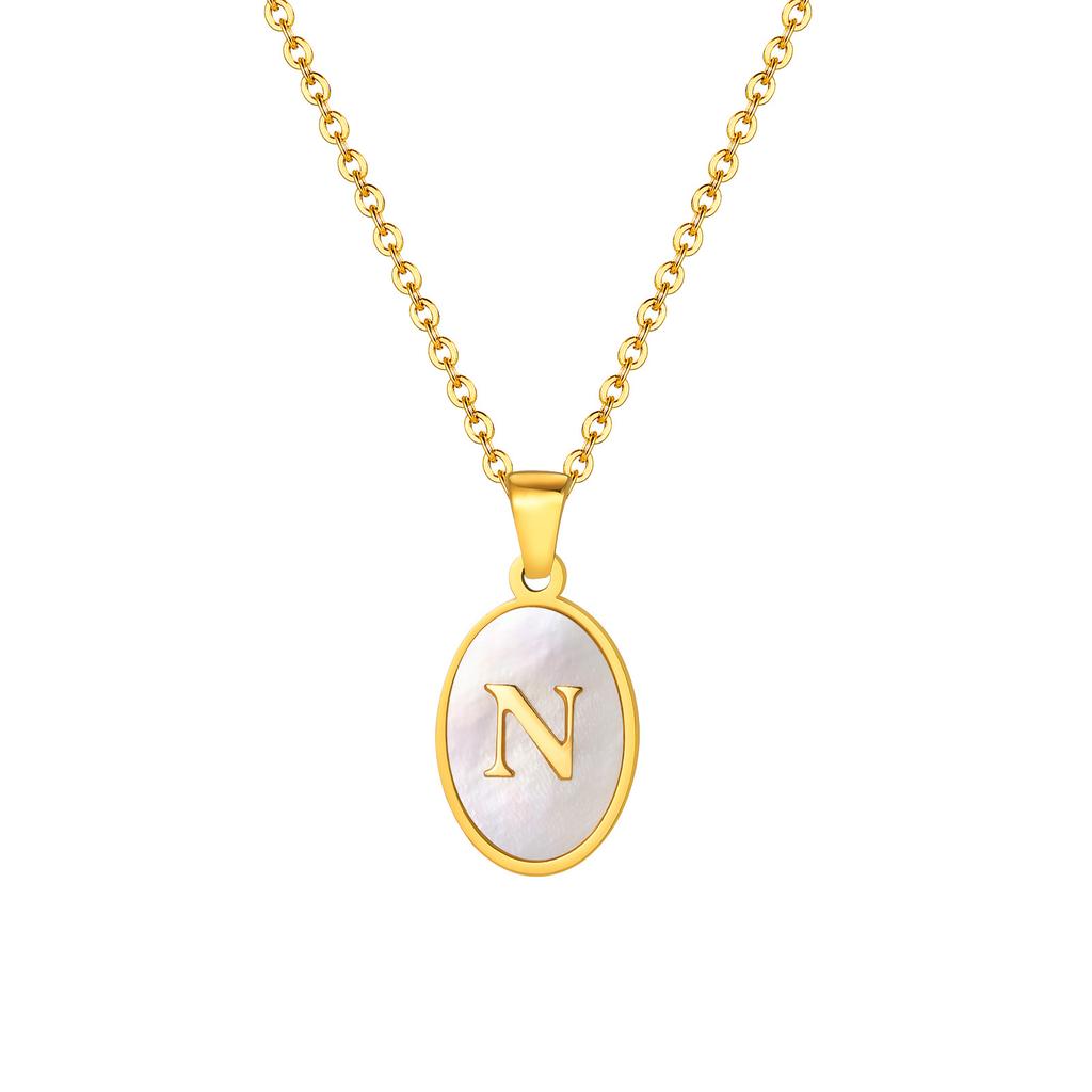 Stainless Steel Oval White Shell 26 Letter Pendant Name Letter Necklace Commemorative Gift Pn-2186