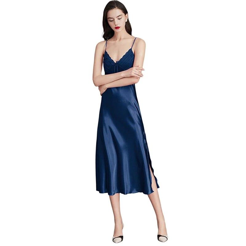 Zomer vrouwen Nachthemd Kant Satijn Nachthemden Diepe V-hals Lange Chemise Nachtkleding Backless Strik Nachtjapon Nachtkleding Babydoll
