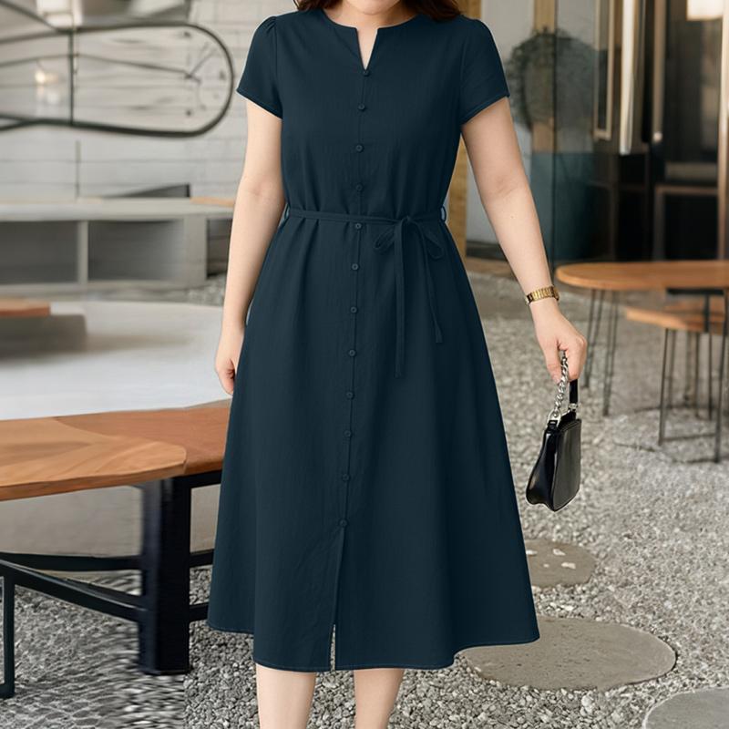 ZANZEA Women Casual V-neck Solid Color Summer Short Sleeve Dress S