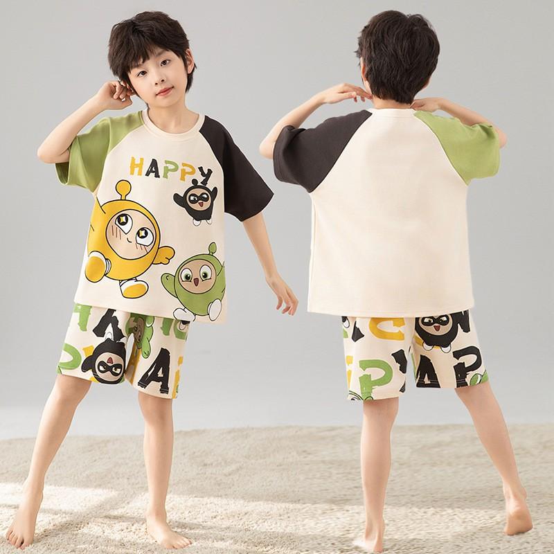 Boys Cotton Pajama Set Short Sleeve Cartoon Print Lightweight Sleepwear Kids 8 Years Home Wear
