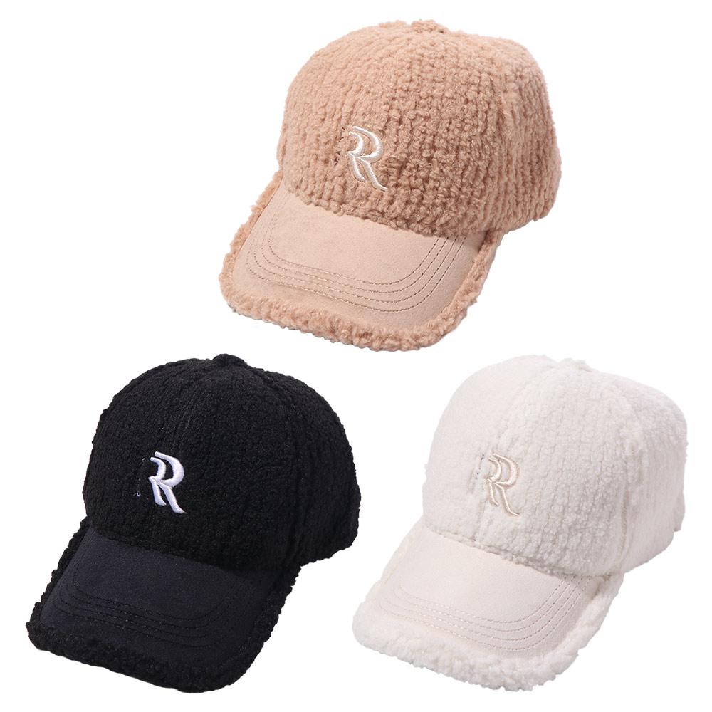 Double R Winter Baseball Cap Letters Plush Peaked Cap Simple Lamb Wool Hat  Women