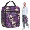 Violet Flower Skull Pattern Insulated Lunch Bag for Women Office Cooler Thermal Food Box Tote Leakproof Lunch Boxes Container