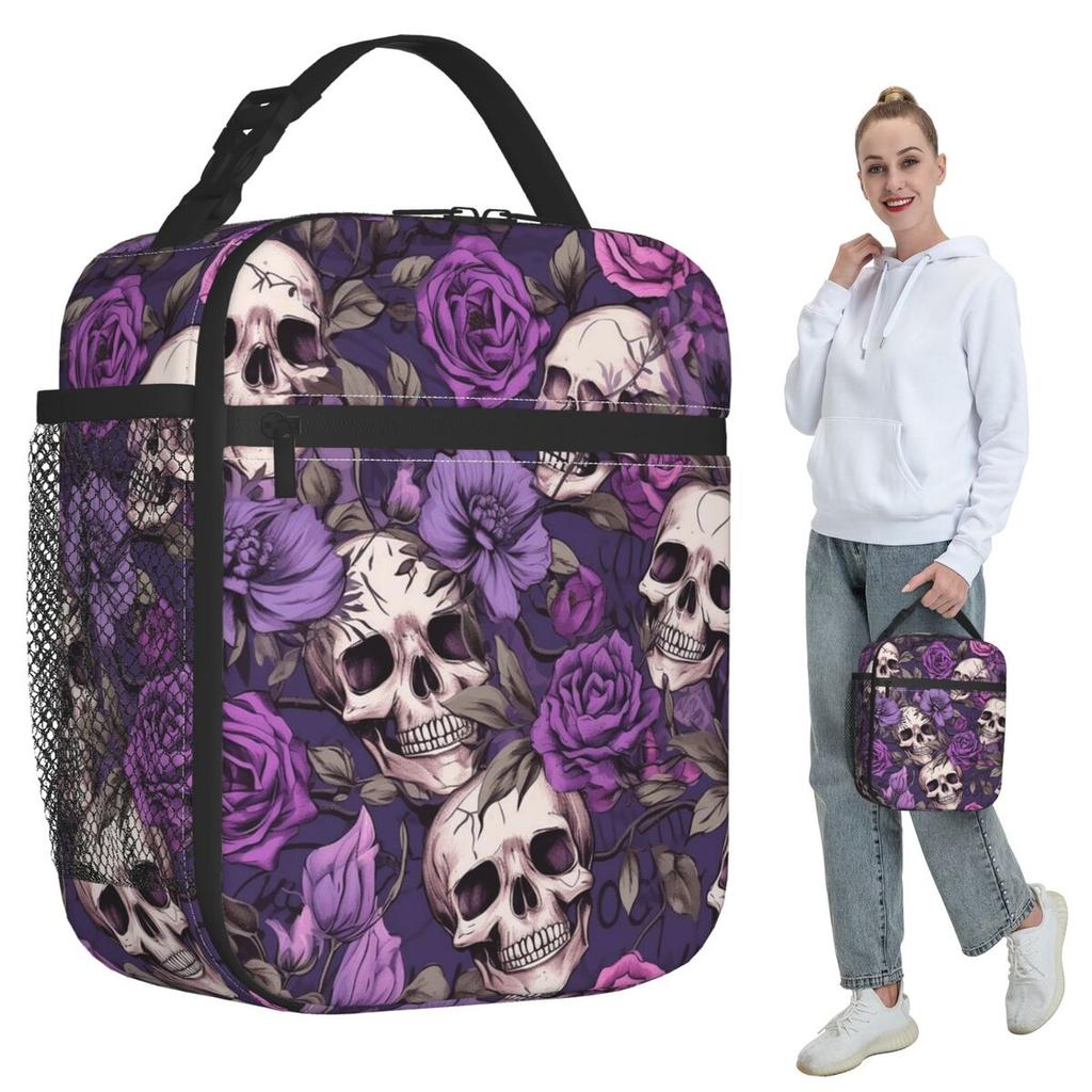 Violet Flower Skull Pattern Insulated Lunch Bag for Women Office Cooler Thermal Food Box Tote Leakproof Lunch Boxes Container