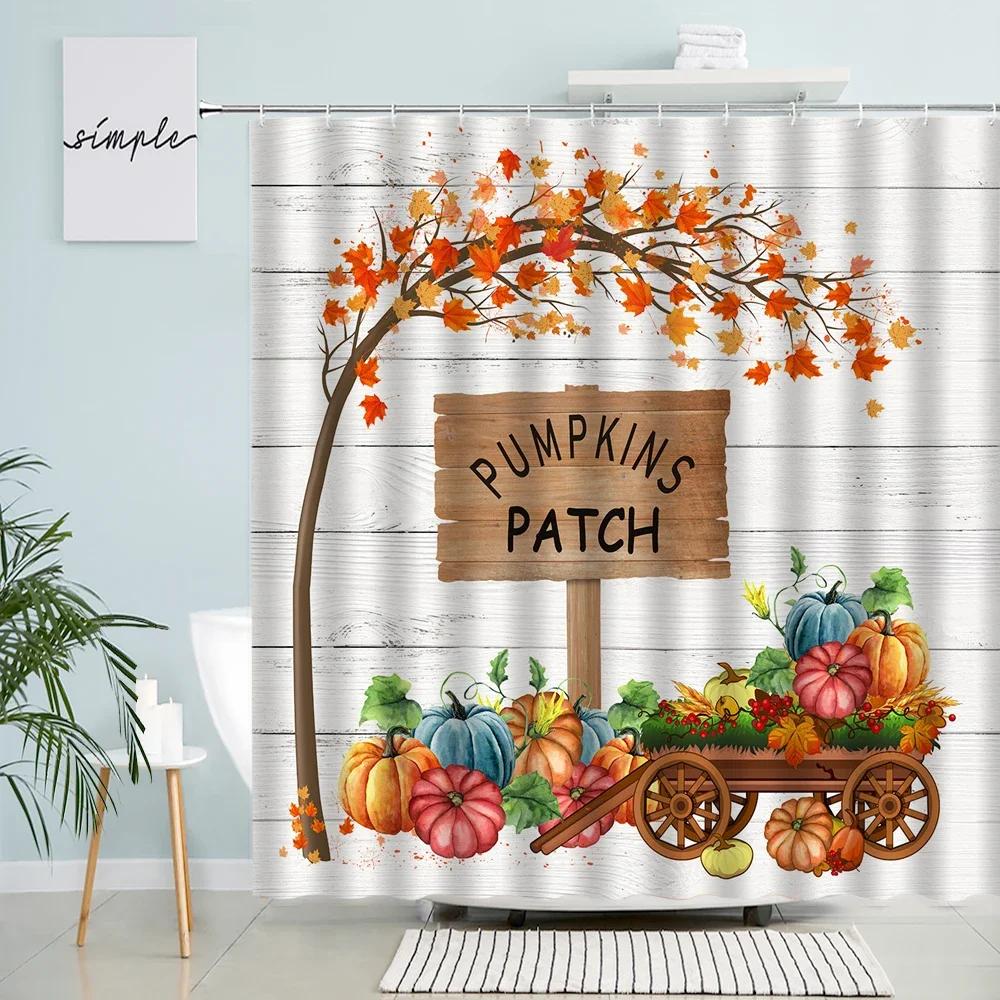 Autumn Farm Pumpkin Truck Shower Curtains Maple Leaves Tree Sunflower Squirrel Cat Harvest Bath Curtain Cloth Bathroom Decor Set