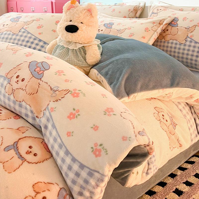 Cartoon Thickened Milk Fleece Coral Fleece Bed Four-Piece Set Fleece Flannel Quilt Cover Children'S Bed Single Three-Piece Set