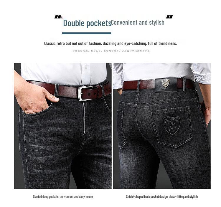 Hengyuanxiang Herren Schwarze Elastische Straight-Leg Jeans - Trendige, Waschbare und Strapazierfähige Freizeithosen für Herbst und Winter.