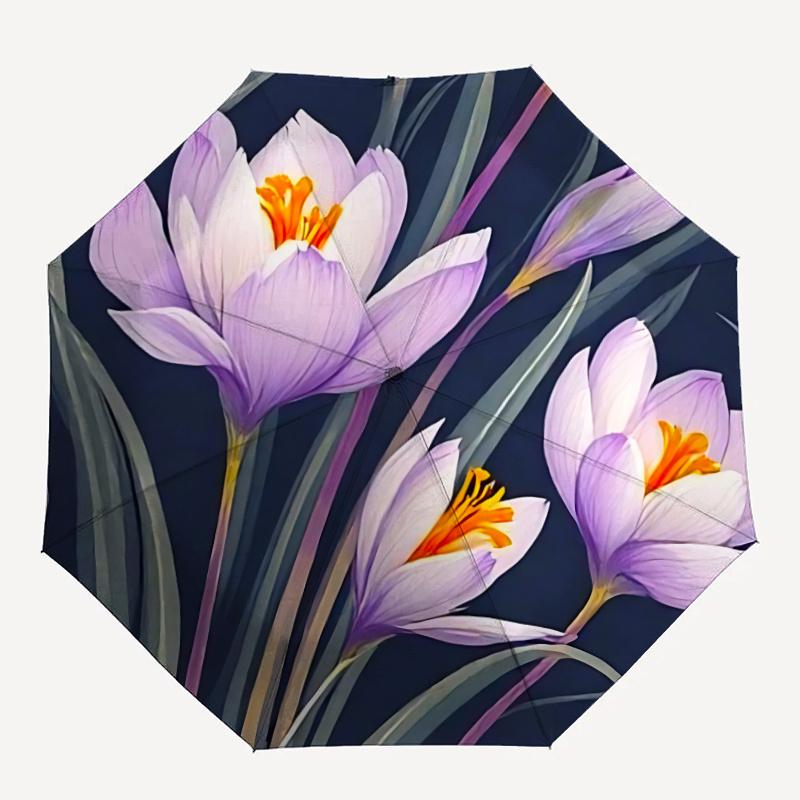 1pc Crocus Flowers Automatic Folding Umbrella - Compact 8-Rib Design, Durable Plastic & Iron, Festive Gift, Compact Umbrellan036