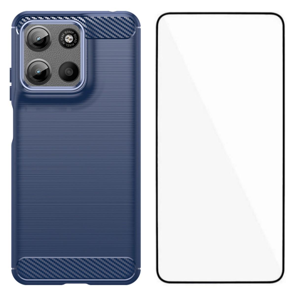 

For Motorola Moto G15 4G Case with Screen Film WANLONFENG LS Series Big Lens Hole Brushed Texture TPU Phone Cover Blue